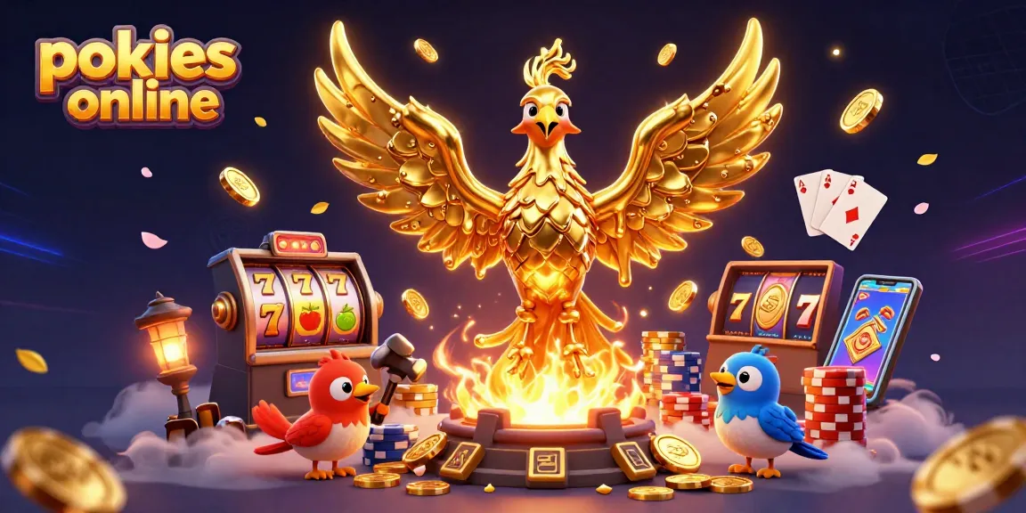 Experience pokies online with vibrant golden phoenix and dynamic casino elements illustration.