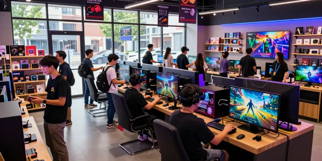 Interactive gaming environment at rokok88 store showcasing diverse gamers engaging with consoles and VR setups
