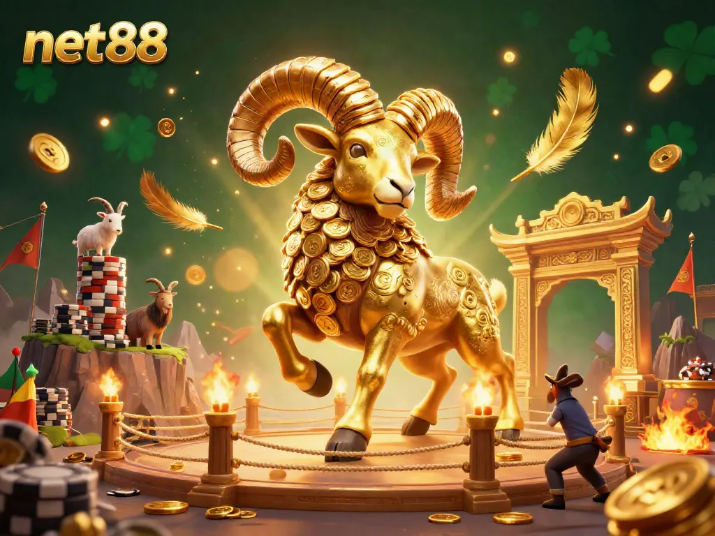 Engage in thrilling action with net88 as the golden ram charges through a vibrant, energetic casino scene.