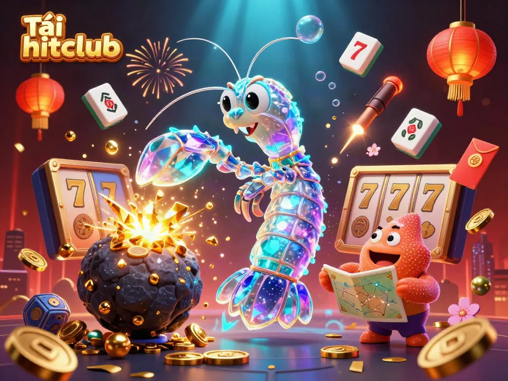 Engage in thrilling wins with Tải hitclub, featuring vibrant gaming characters amid exploding gemstones.
