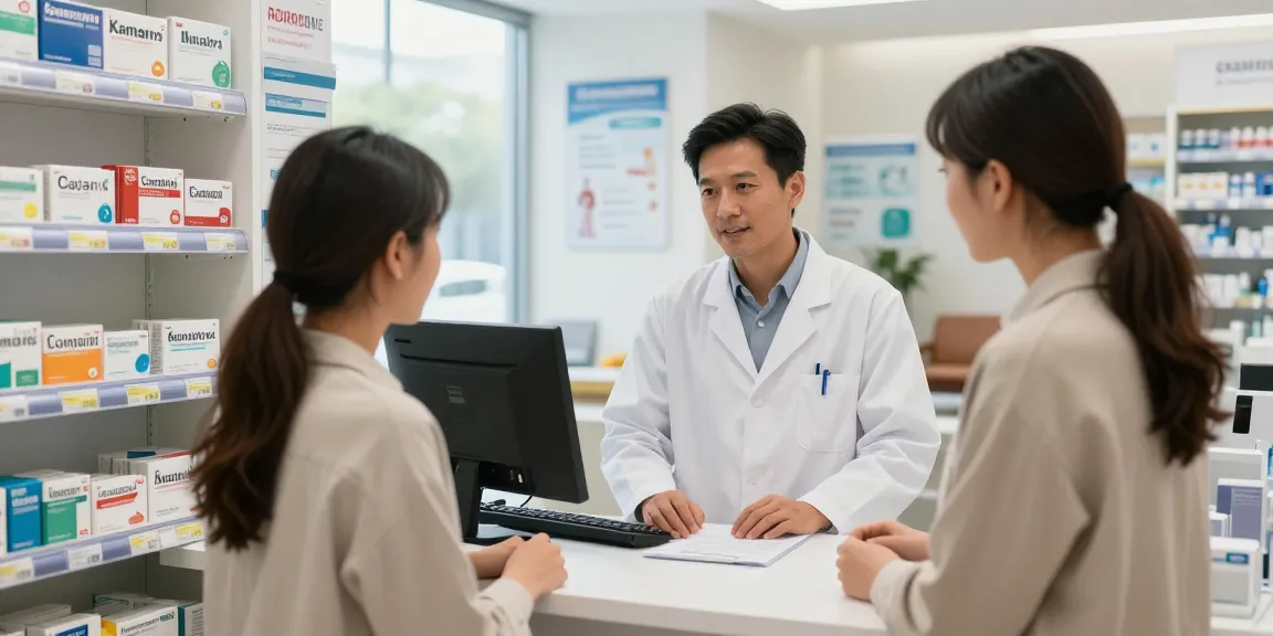 Buying options for comprar cialis en españa at a modern pharmacy with a pharmacist assisting a customer.