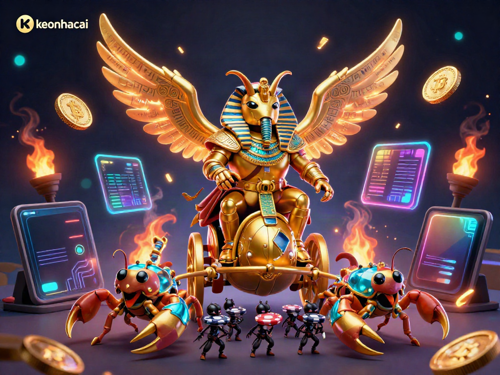 Experience thrilling bets with keonhacai's rich casino scene featuring a golden scarab beetle and cryptocurrency coins.
