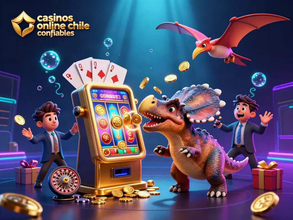 Visualiza casinos online chile confiables mientras un pachycephalosaurus interactúa con una máquina tragamonedas dorada.