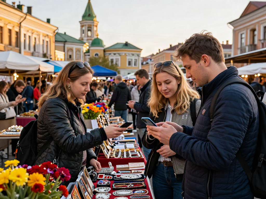 Explorando https://payinrussia.com/ en un mercado ruso, turistas pagando con una app móvil en un entorno vibrante.