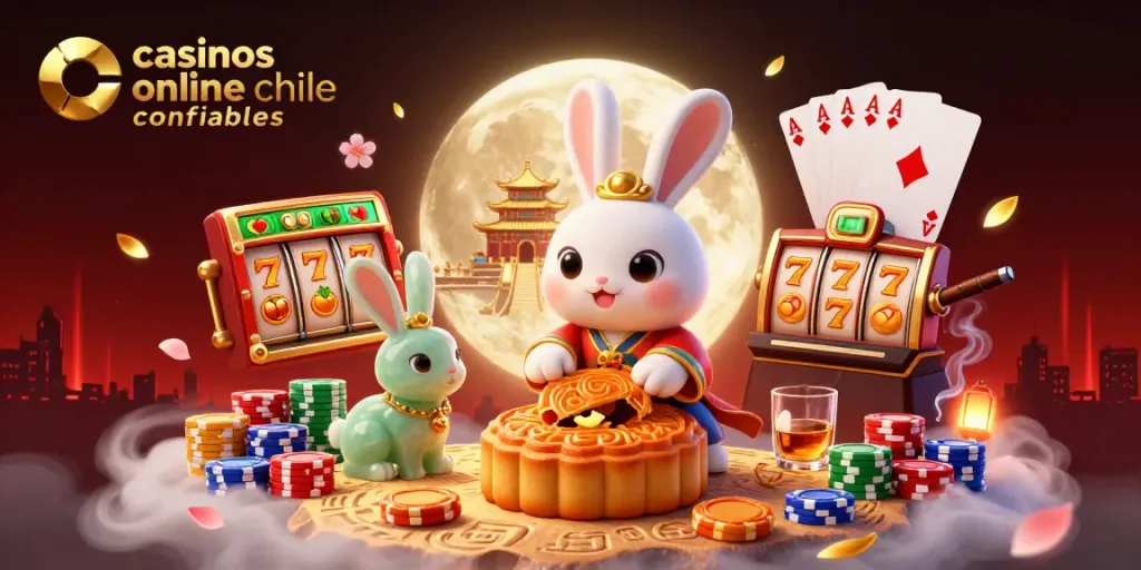 Ilustra un conejo de luna tradicional, promoviendo casinos online Chile confiables y juegos de azar.