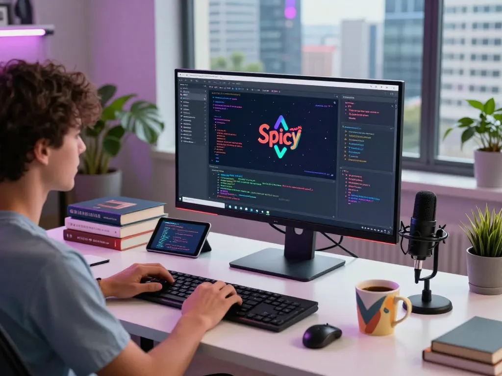 Engineer coding a spicy AI application in a vibrant modern workspace.