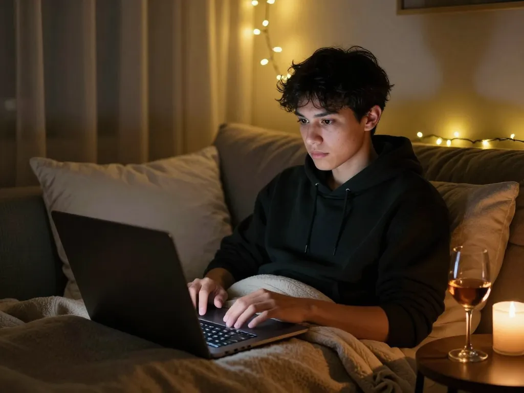 Engaging in NSFW chat on a laptop in a cozy, intimate room atmosphere.