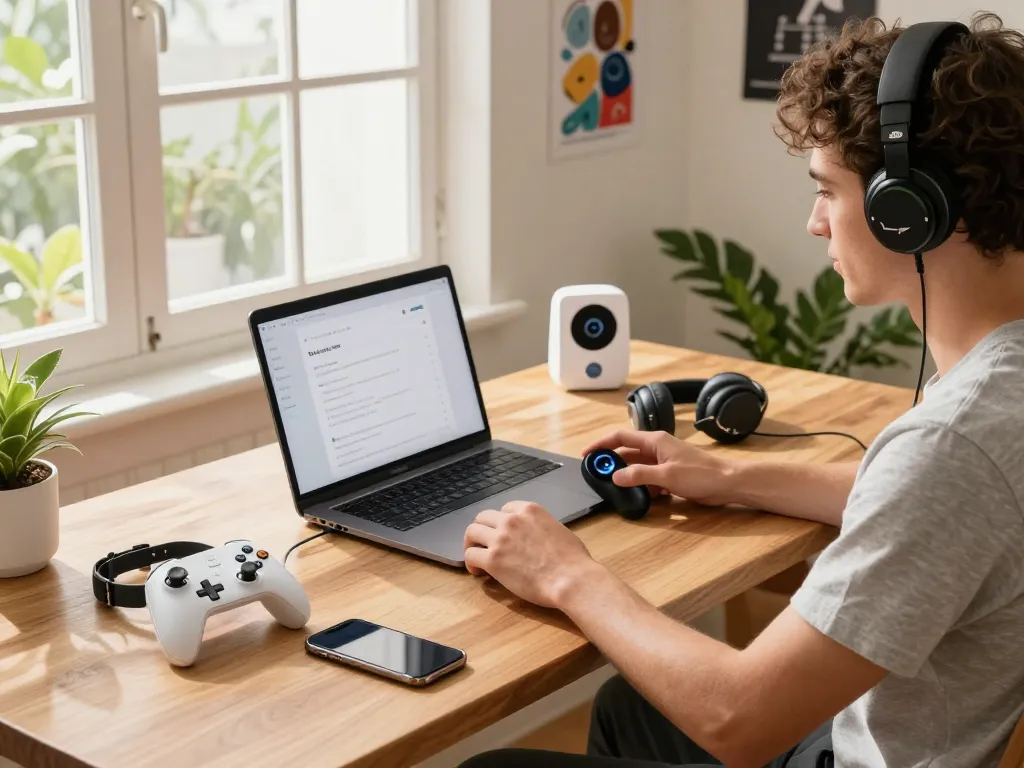 Innovative tech gadgets displayed on a stylish desk, featuring the 8BitDo Ultimate 2 controller and Fitbit Charge 6, showcasing a modern tech lifestyle.