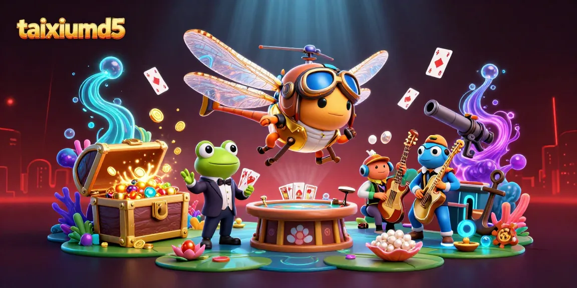 Engage with taixiumd5 in an exciting 3D illustration featuring a dragonfly pilot and a frog croupier amid glittering casino elements.