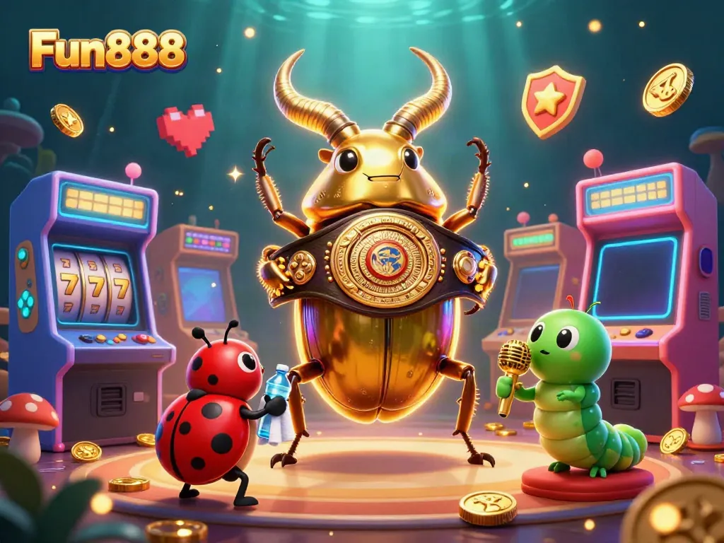 Experience the excitement of Fun888 with vibrant gambling-themed characters and elements in a dynamic 3D scene.