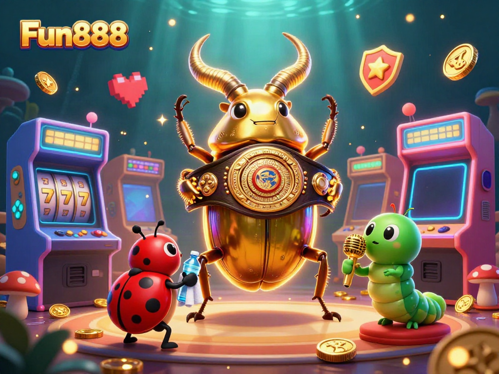 Experience the excitement of Fun888 with vibrant gambling-themed characters and elements in a dynamic 3D scene.