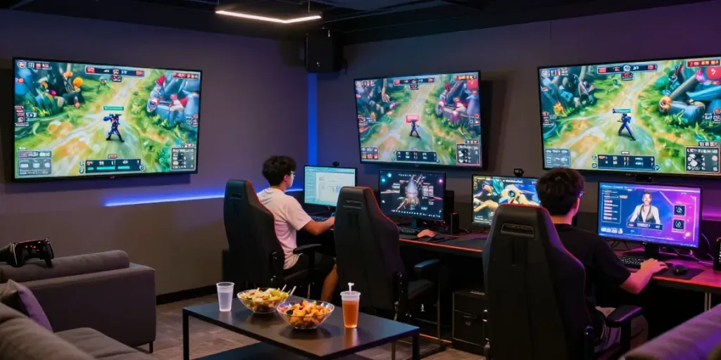 Jugadores emocionados en el gaming lounge de phuwerte-inwersowia.com disfrutando de una experiencia de juego vibrante.