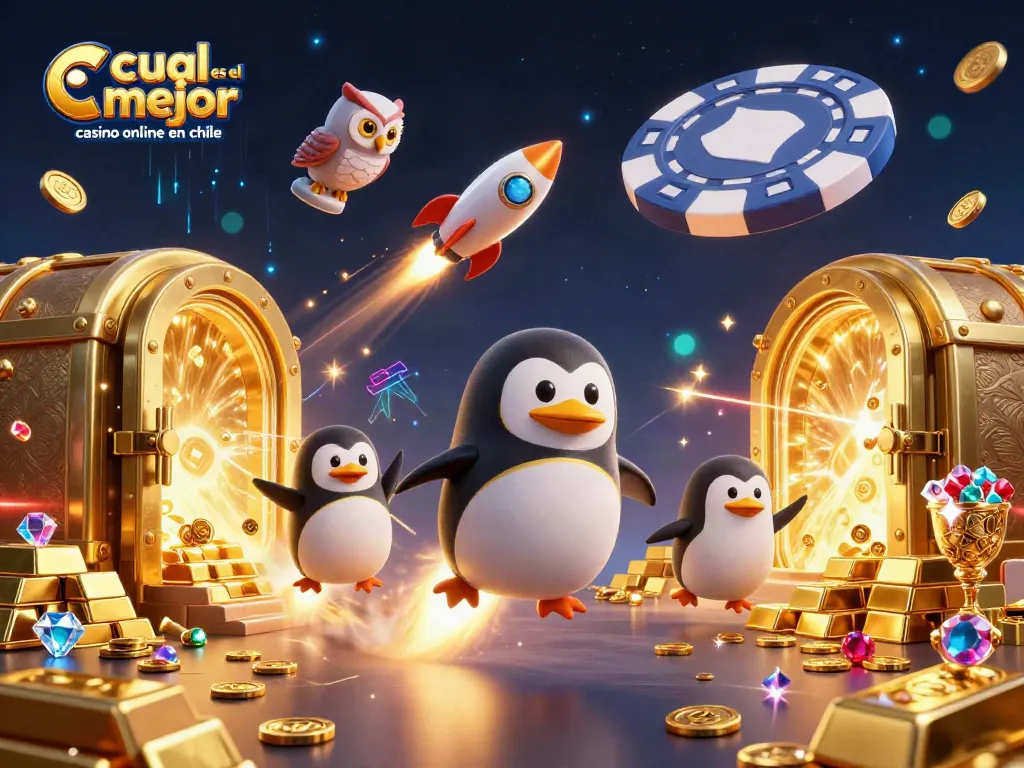 Un emocionante viaje al espacio con un pingüino dorado en cohete, explorando cuál es el mejor casino online en Chile.