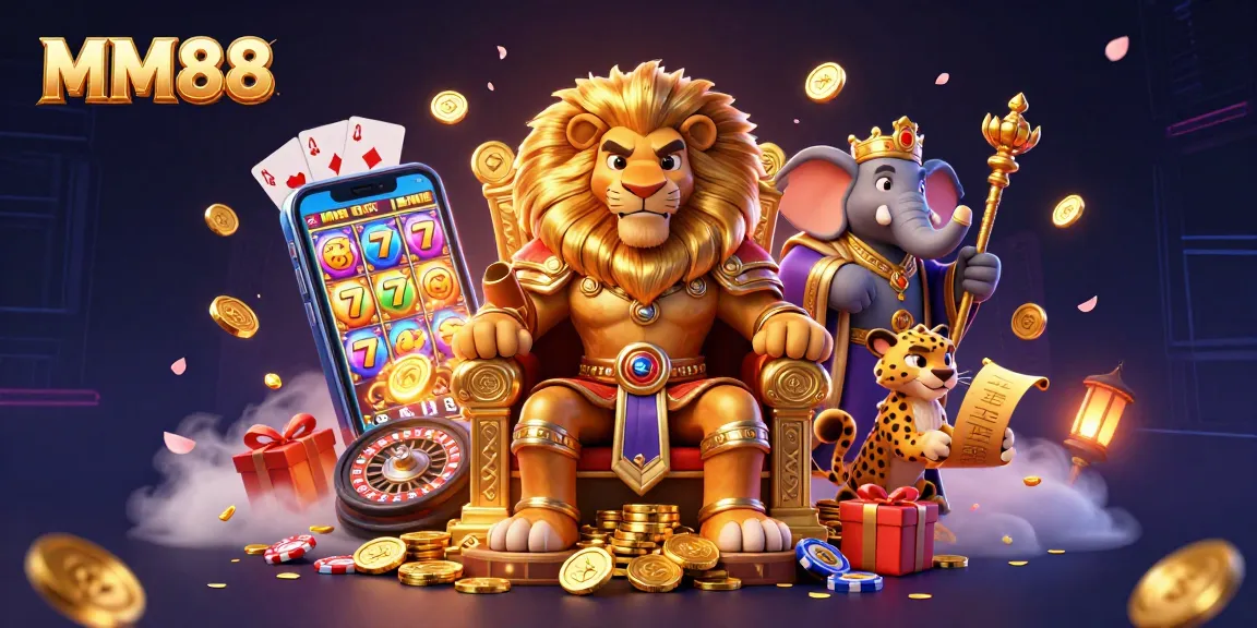 Engage with MM88's vibrant casino world featuring a lion king amidst games and treasures.