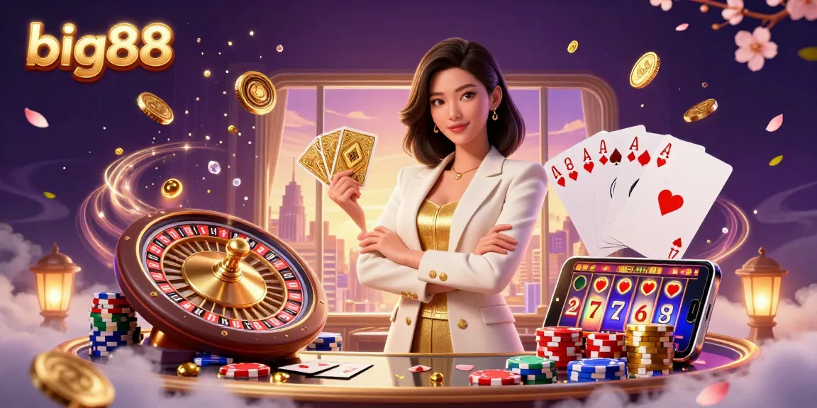 Experience big88 thrills with an elegant Asian woman holding golden cards amidst cascading coins and vibrant casino elements.