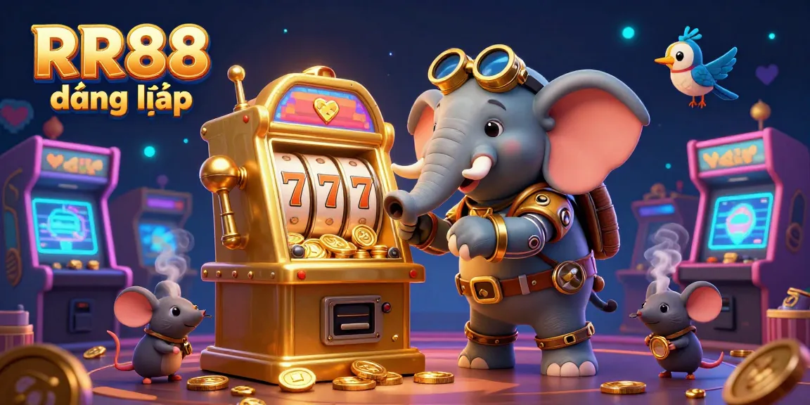 Play RR88 đăng nhập with a cartoon steampunk elephant operating a golden slot machine amidst vibrant casino elements.