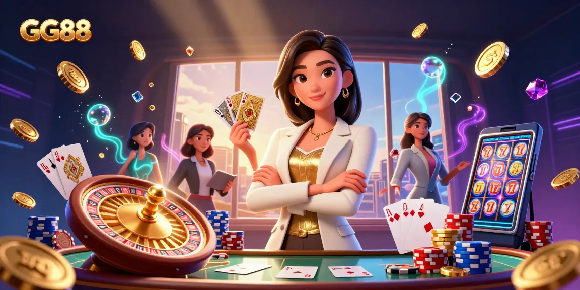 Experience the excitement of GG88 with stunning casino gaming elements and a powerful businesswoman.