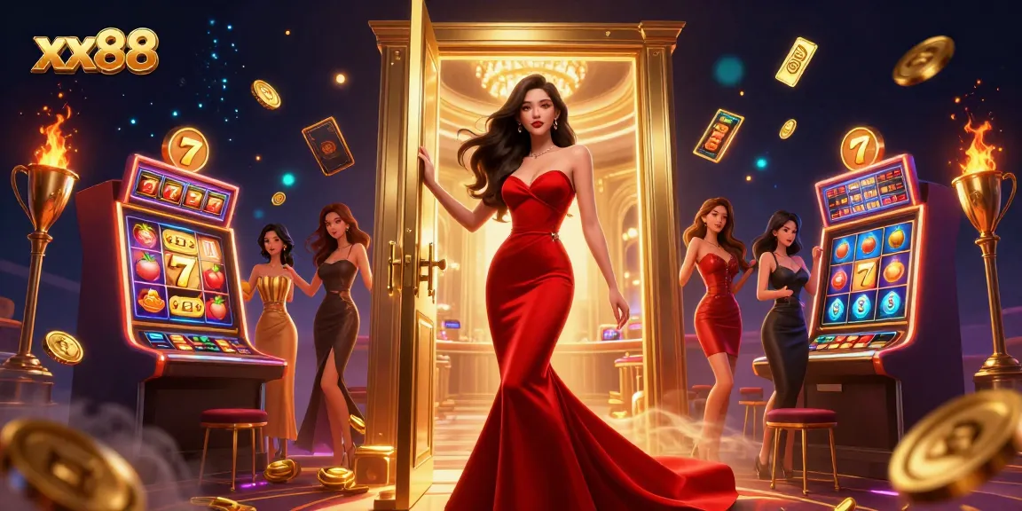Spin the reels at xx88's vibrant casino, featuring a stylish Asian woman in a grand setting.