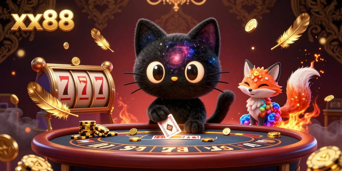 Experience the excitement of xx88 with a vibrant cosmic casino scene featuring winning slots and captivating characters.