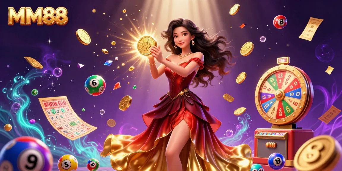 Experience the thrill of MM88 with captivating casino elements, golden coins, and vibrant prizes.