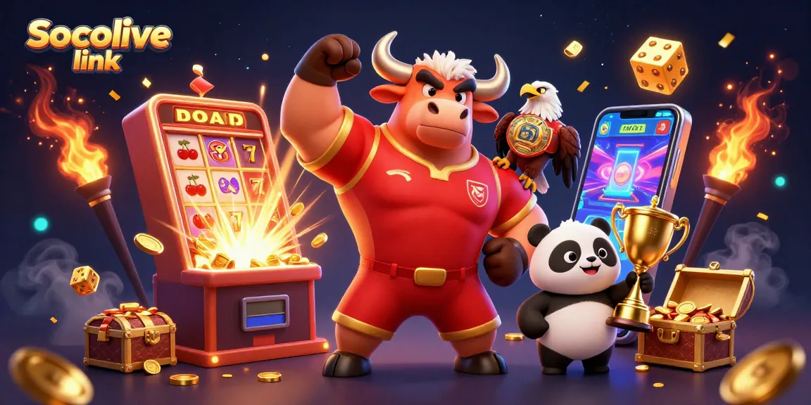 Socolive link provides dynamic excitement with a victorious bull, eagle, and panda amid casino visuals.