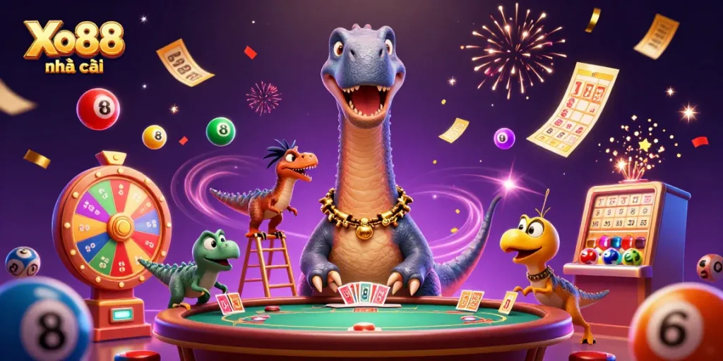 Xo88 nhà cái showcases a dynamic and vibrant gambling scene, featuring playful cartoon characters and exciting casino elements.