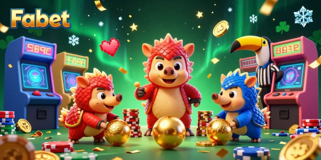 Experience thrilling gameplay with Fabet's animated pangolins battling through stacks of poker chips in a vibrant casino scene.