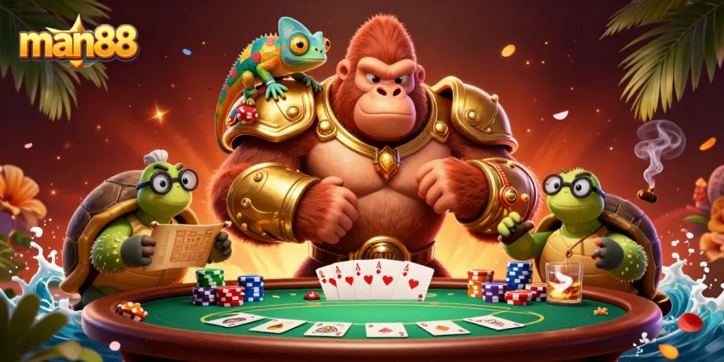 Join the excitement with man88 at a vibrant poker table with colorful chips and dynamic characters.