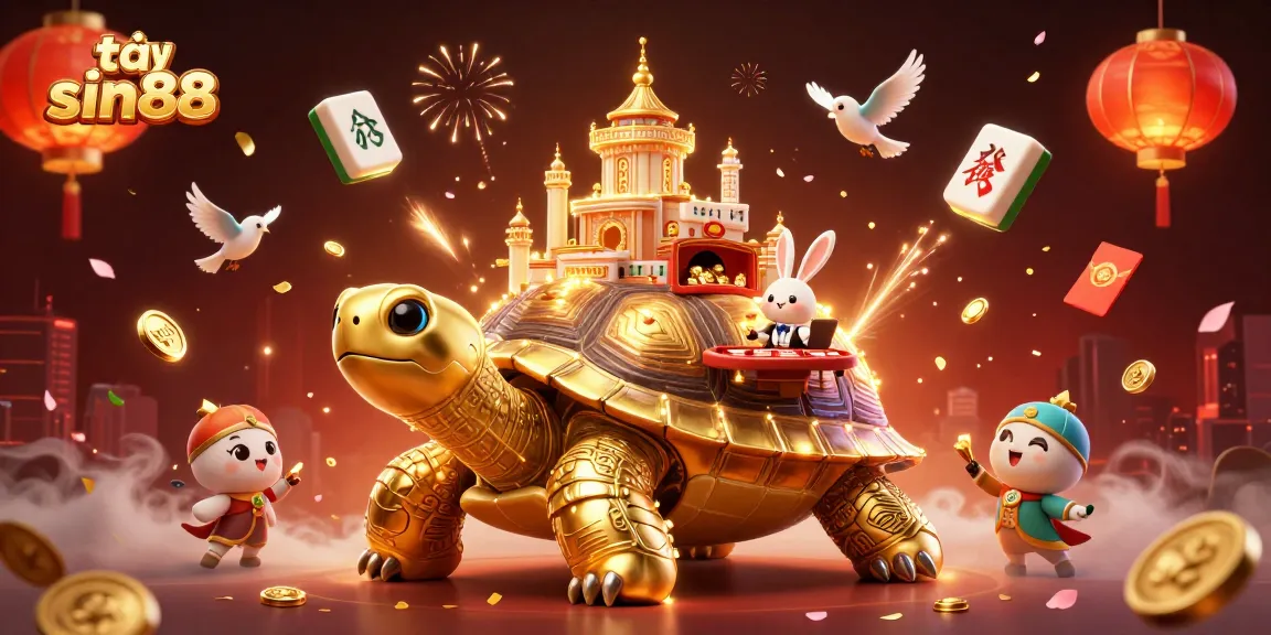 Experience gaming excitement tại sin88 with a vibrant scene showcasing a grand tortoise casino and dynamic elements.