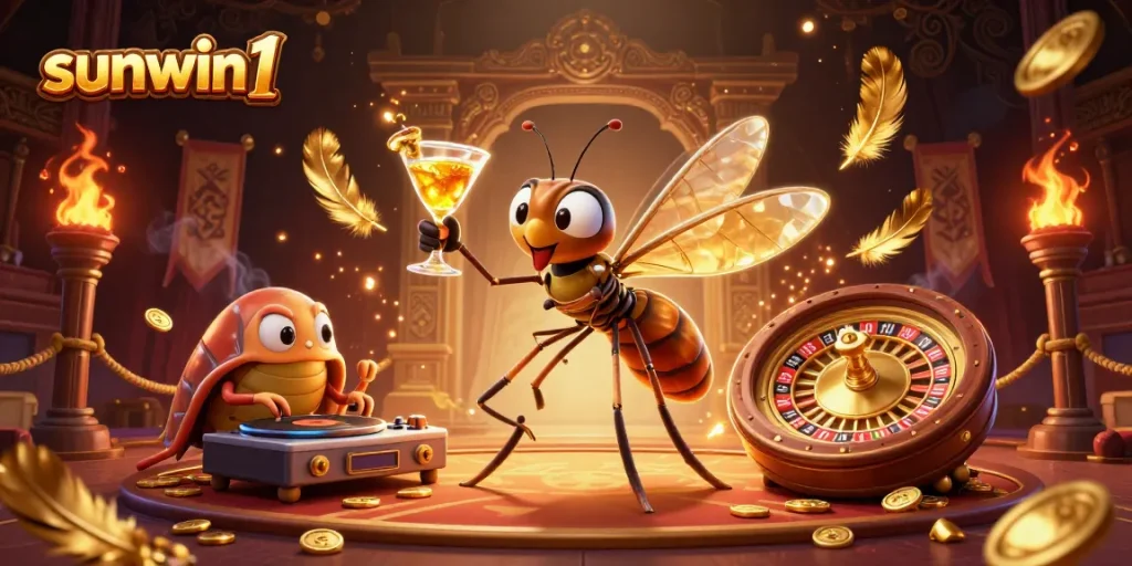 Experience the thrill of sunwin1 gaming with vibrant 3D visuals, featuring a cartoon mascot and casino elements.