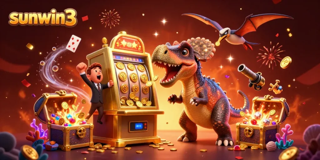 Experience exhilarating wins with sunwin3 as a pachycephalosaurus jackpots a slot machine with flying coins and a casino panic.