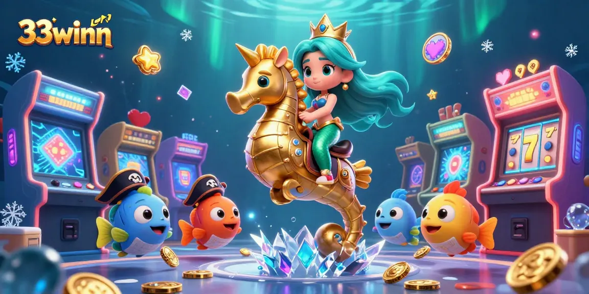 Engage in thrilling gameplay at 33winn with a vibrant casino scene featuring a mermaid princess, seahorse, and slot elements.