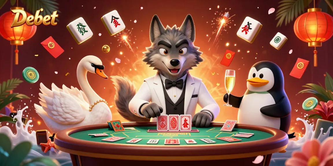 Engage with Debet via vibrant casino illustration showcasing baccarat with playful characters.