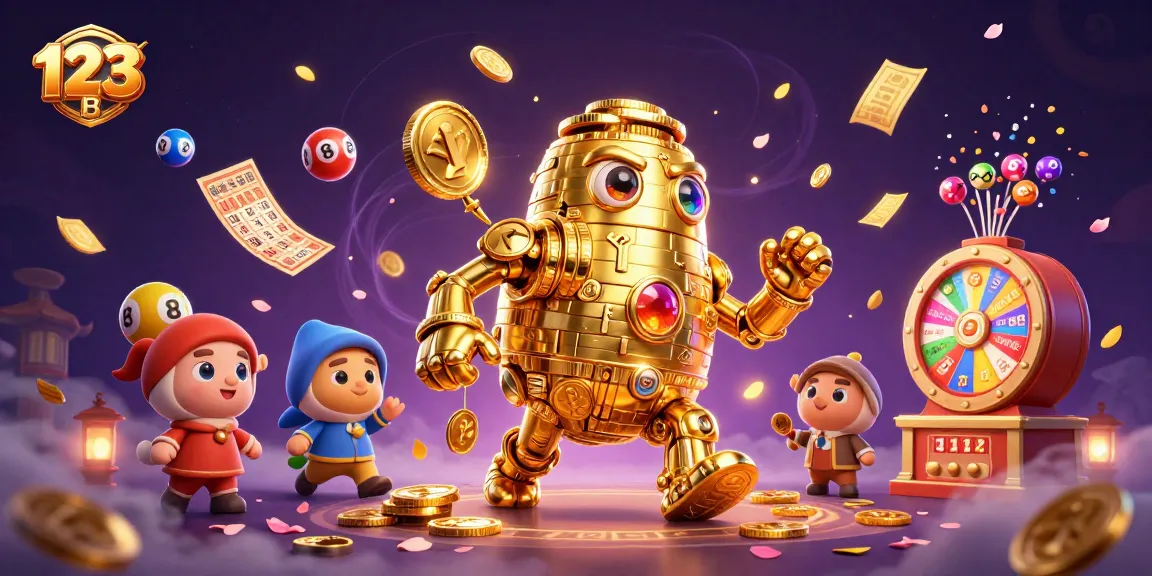 Experience the excitement of 123 B with dynamic lottery elements and golden symbols in a vibrant casino scene.