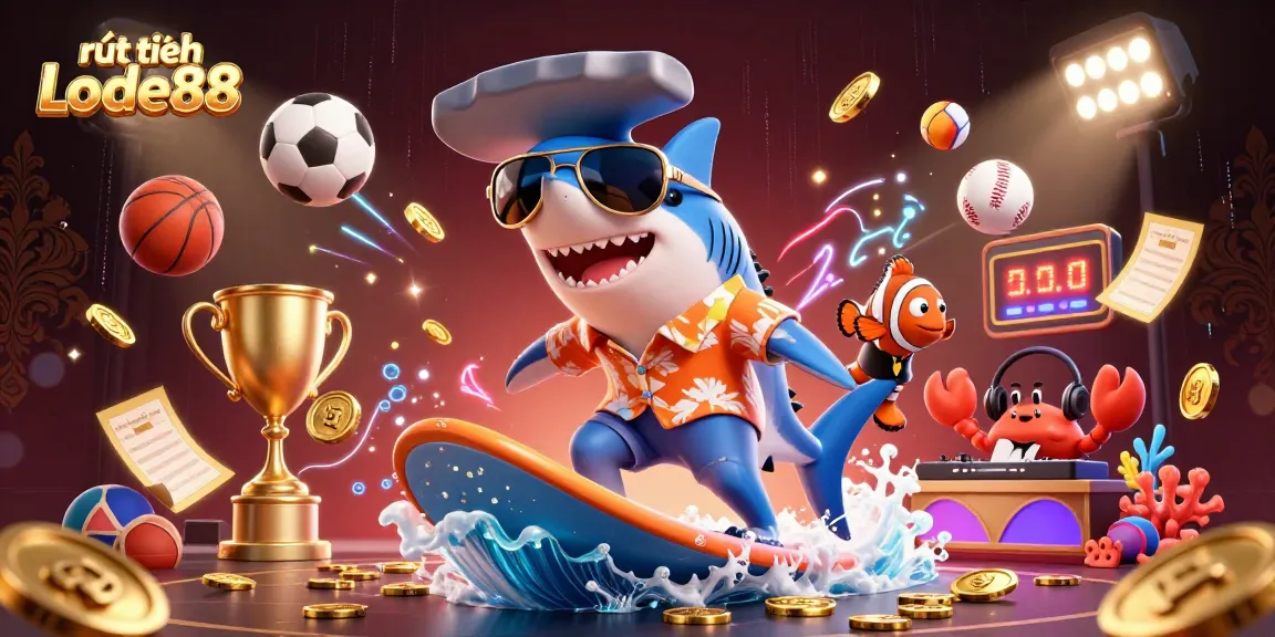 Experience exciting rút tiền Lode88 through an engaging 3D illustration of vibrant casino elements and festive characters.