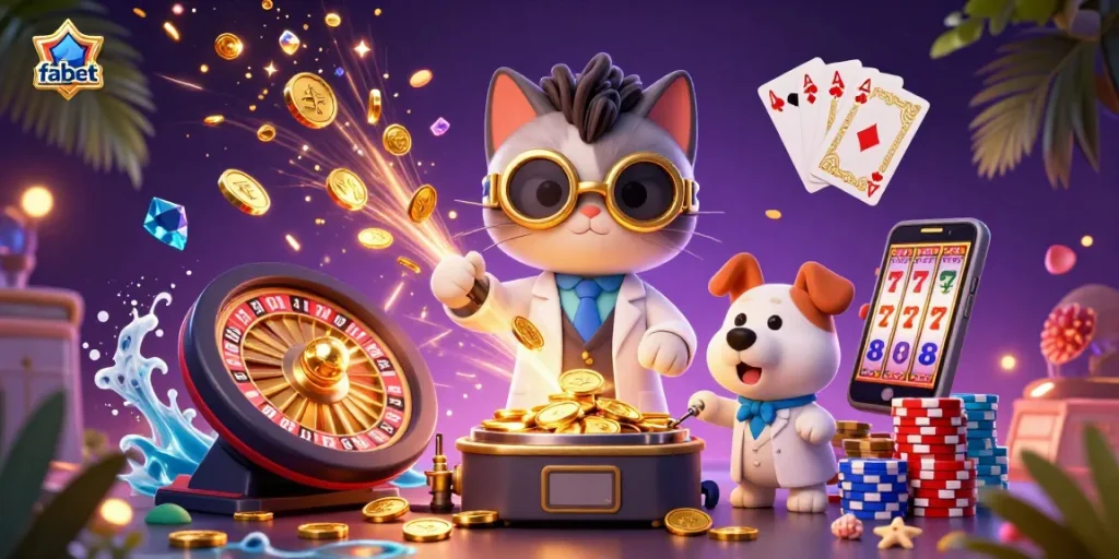 Experience fabet's thrilling casino world with a mad scientist cat creating winning moments amidst sparkling coins and dynamic game elements.