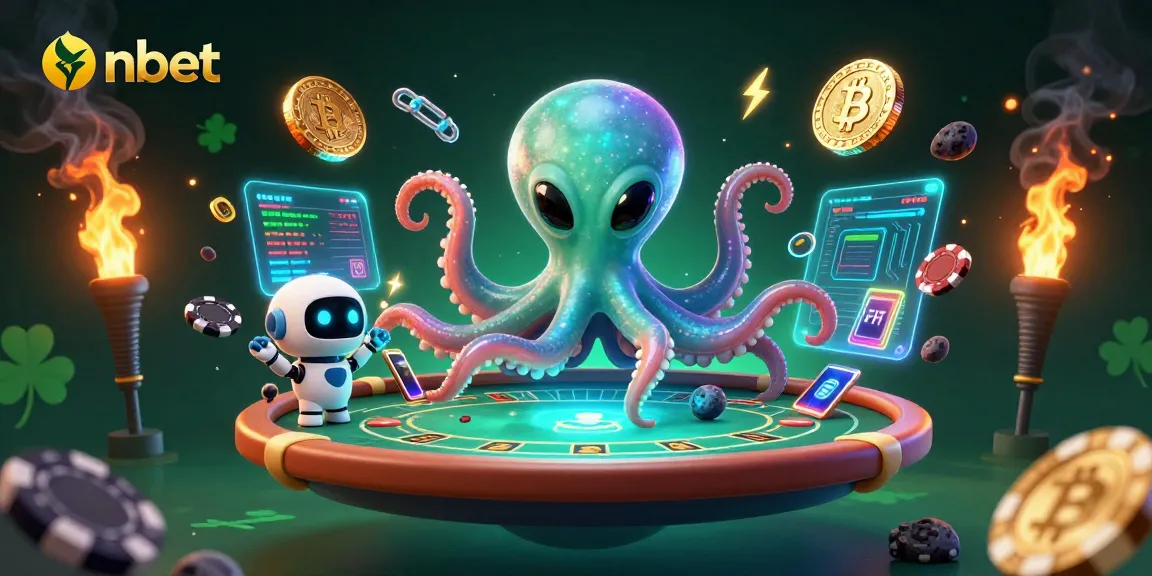 Engage with nbet's futuristic gameplay featuring an alien octopus at a holographic poker table.