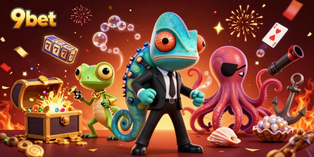 Experience thrilling gameplay with 9bet in this vibrant casino illustration featuring a chameleon and octopus.
