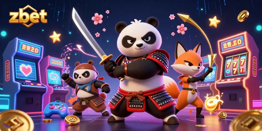 Engage with zbet's vibrant 3D casino illustration featuring a samurai panda and ninja fox.