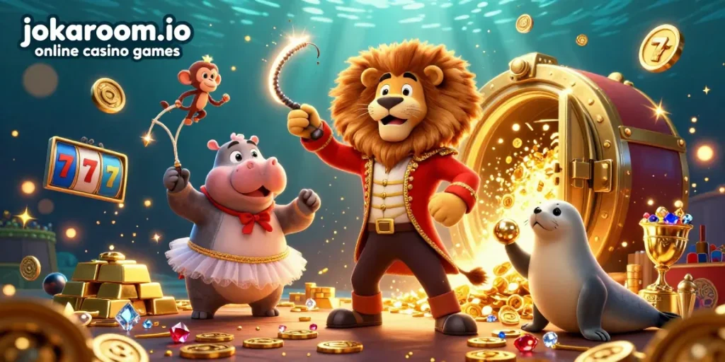 Engage with jokaroom.io online casino games amidst a vibrant circus-themed illustration featuring lively characters.