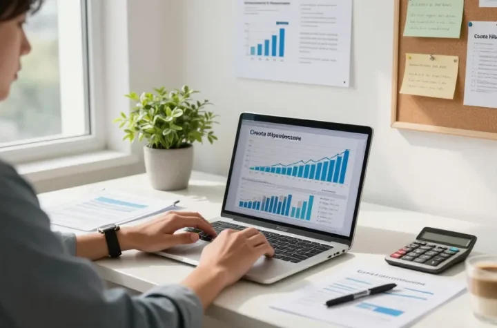 Using the calculadora hipoteca to analyze mortgage payments in a modern home office.
