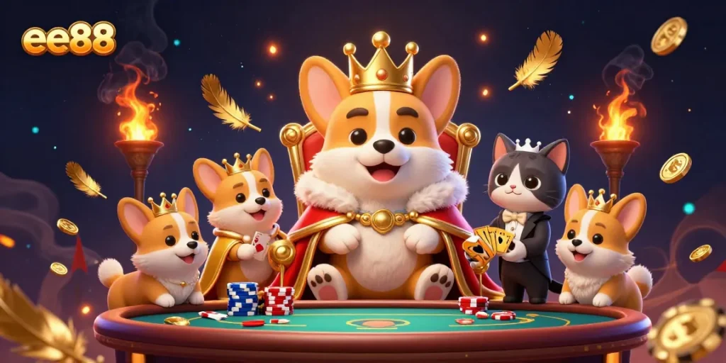 Experience the thrill of ee88 gaming with a whimsical royal corgi and its charming friends.