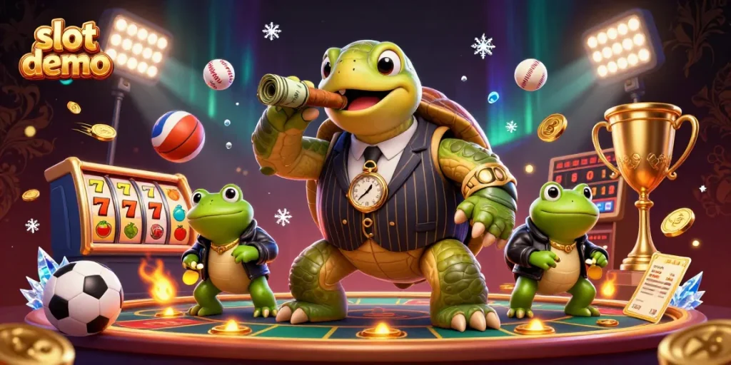 slot demo interaktif menampilkan penyu besar dan enforcer katak dalam suasana kasino berkilauan dengan simbol slot