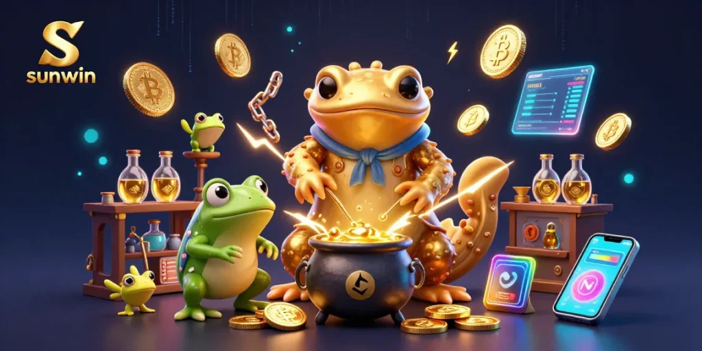 Engage in the magical world of sunwin with alchemist characters creating golden coins in a vibrant crypto-themed scene.