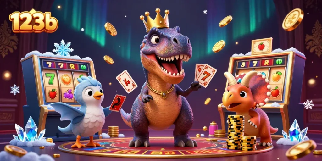 Engage with the fun of 123b as cartoon dinosaurs play casino games and shuffle cards.