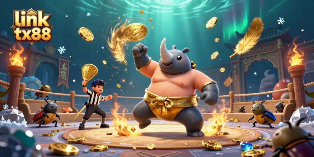 Experience thrilling action with link tx88 in this vibrant 3D casino scene filled with dynamic characters and golden elements.