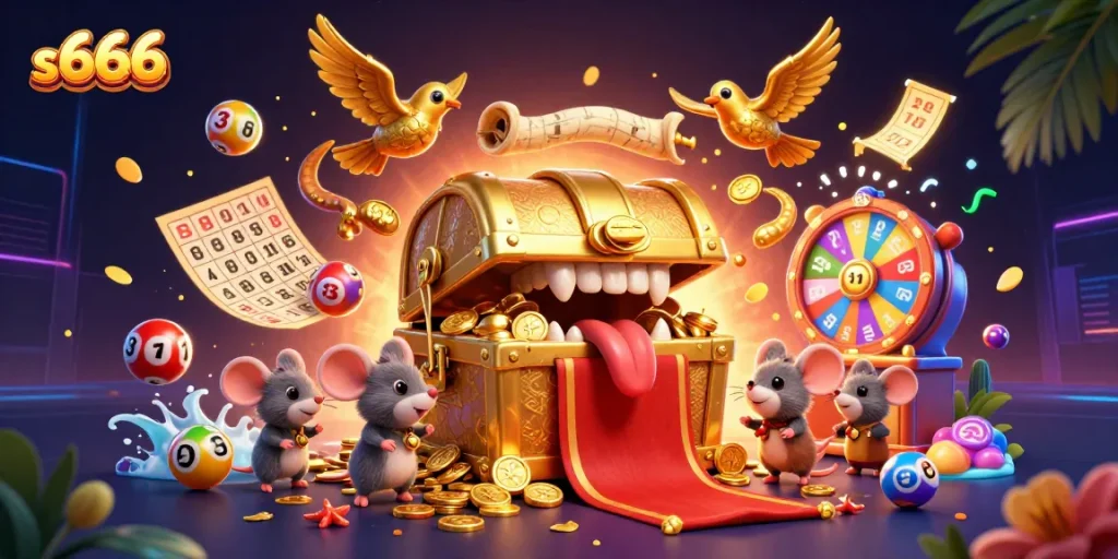 Experience thrilling games with s666's vibrant lottery and treasure elements in this dynamic illustration.