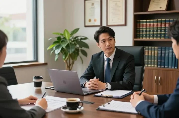Law office consultation with clients showcasing legal expertise in a professional setting.