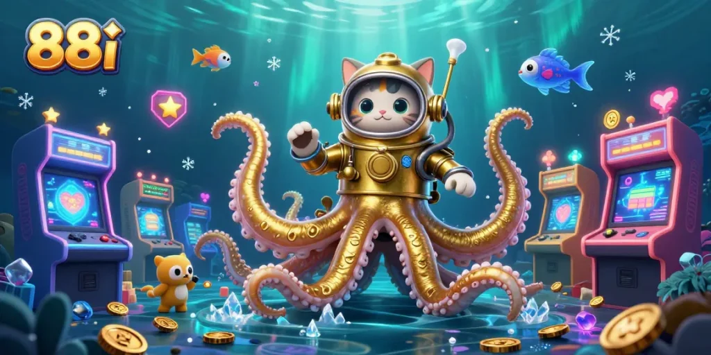 Experience thrilling gaming action with 88i's vibrant underwater casino illustration featuring a kraken and diving cat.
