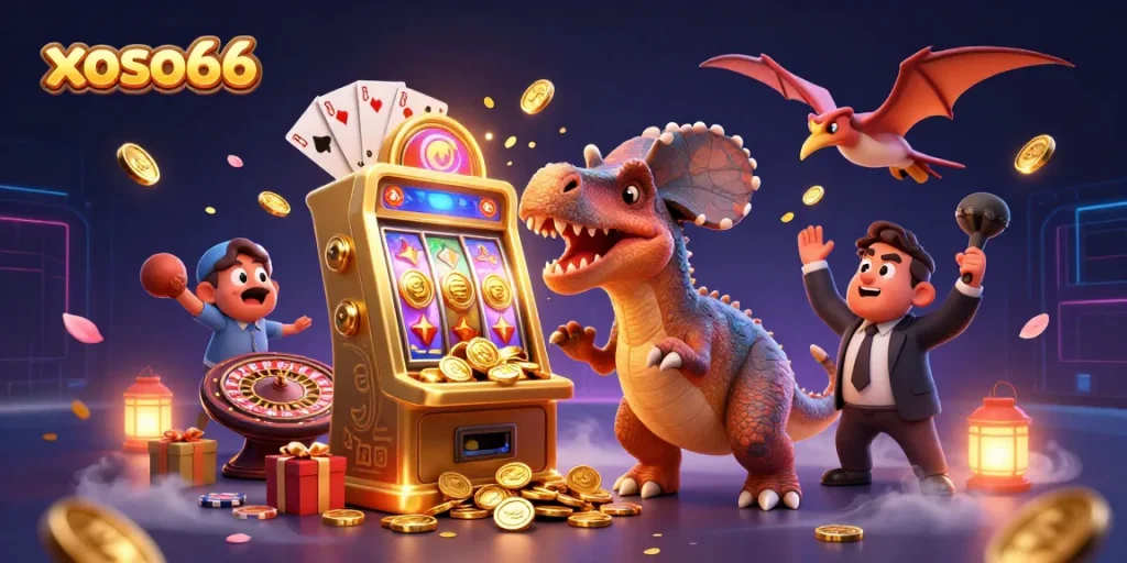 xoso66 players celebrating slot machine wins with golden coins flying around in a vibrant casino atmosphere